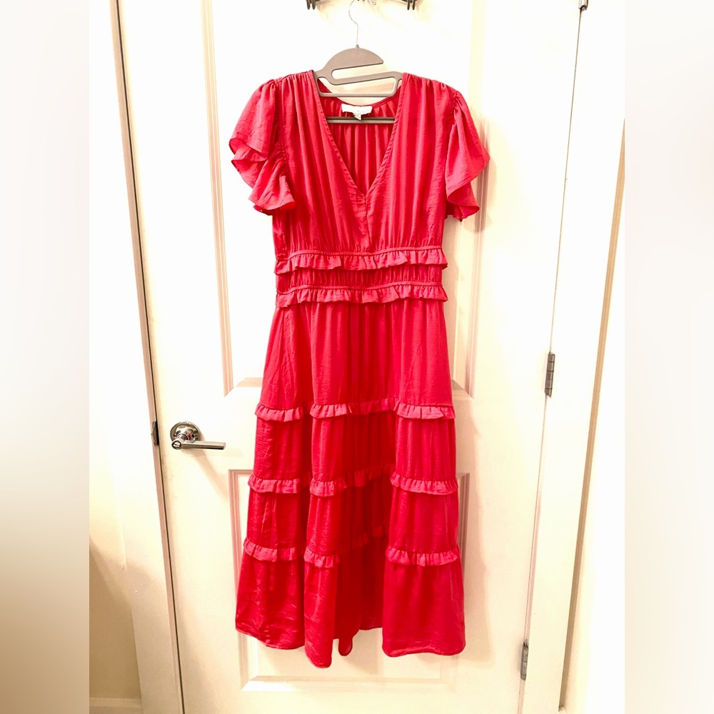 Hot Pink Midi Dress with Ruffles